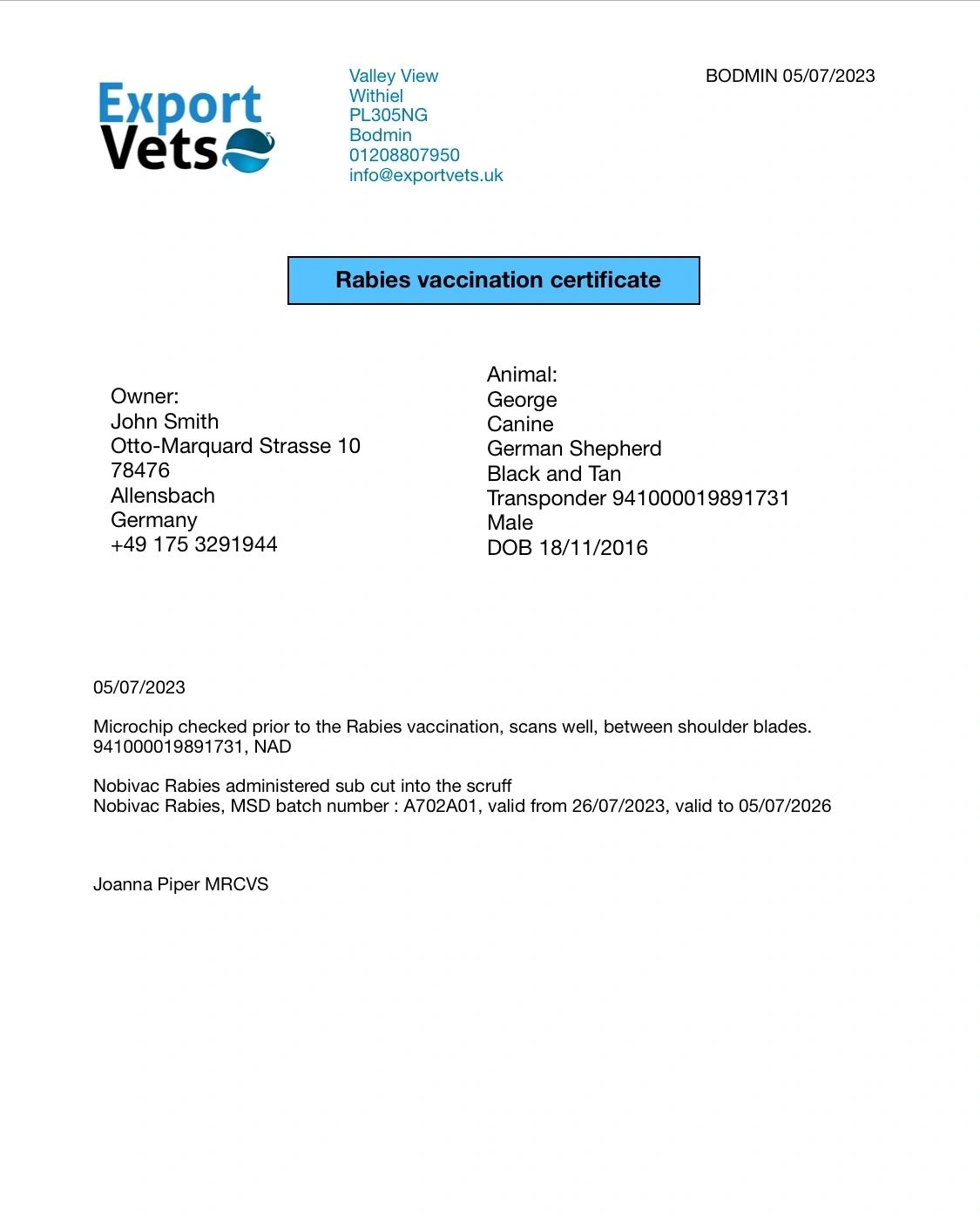 Sample Animal Health Certificate from Export Vets
